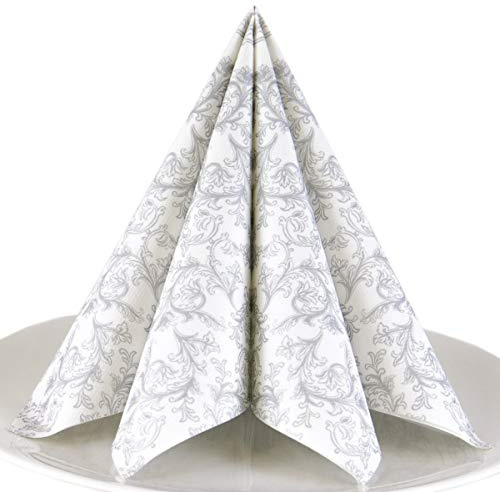 Servietten Ornament silber Premium Airlaid, STOFFÄHNLICH | 50 Stück | 40 x 40cm | Hochzeitsserviette | hochwertige edle Serviette für Hochzeit, Geburtstag, Party, Taufe, Kommunion | made in Germany