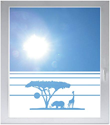 INDIGOS UG Sichtschutzfolie Glasdekorfolie Fensterfolie mit Motiv satiniert Blickdicht - w557 Afrika - Steppe, Elefant Giraffe - 1200 mm Länge - 500 mm Höhe Streifen - selbstklebend - matt
