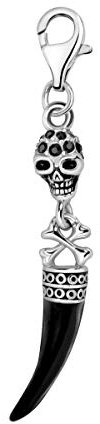 Quiges Charm Anhänger Schwarz Zirkonia und Onyx Stein 3D Totenkopf Zahn Horn 925 Silber mit Karabinerverschluss für Bettelarmband