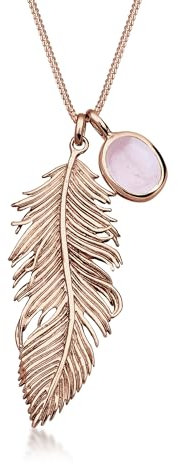 Elli Halskette Silber 925 Rosé 18K Vergoldet Feder Anhänger Kette Damen Rosenquarz Schmuck Geschenke für Frauen Mädchen Mama Freundin, Boho Festival Silberkette Länge 70 cm