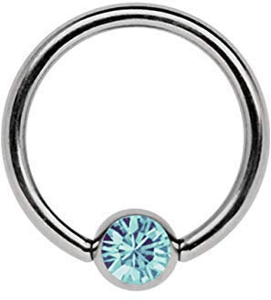 Titan Ring in 1,2 x 6 mm als Lippenbändchen Piercing mit flachem Stein in 3 mm Ø, hellblau-türkis