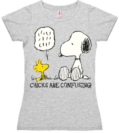 Logoshirt® Peanuts I Snoopy und Woodstock I Chicks Are Confusing I T-Shirt Print I Damen I kurzärmlig I grau-meliert I Lizenziertes Originaldesign I Größe L