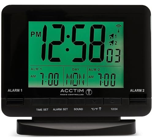 Acctim Delaware Digital Alarm Clock Radio Controlled Dual Couples Alarm Date & Temperature Display Black