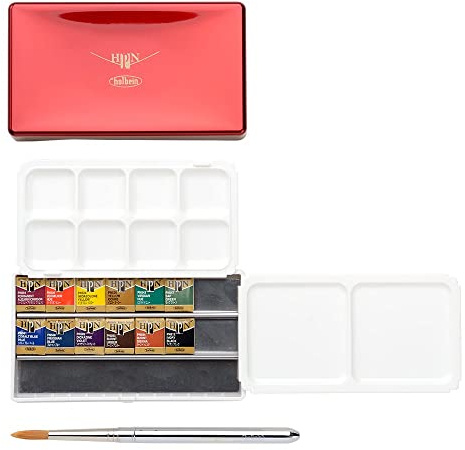 Holbein Artist's Watercolors Set of 12 Half-Pans with Brush (Palm Box) PN691