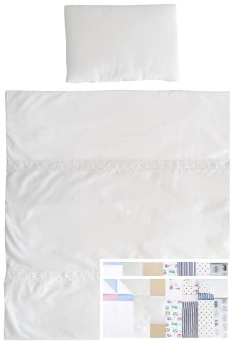 Vizaro - Steppdecke - Bettdecke + Kissen - Kinderbettwäsche Set für Moses - Stubenwagen - Wiege - Übergangszeit - 70x80 cm - 100% Baumwolle - Made in EU - Weiße Stickerei