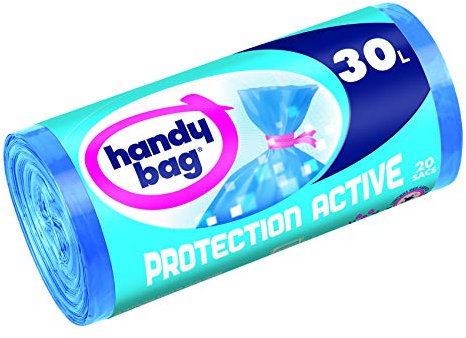 Handy Bag 1 Rouleau de 20 Sacs Poubelle 30 L, Fermeture à Liens, Protection Active Anti-Bactérienne, Anti-Fuites, 50 x 70 cm, Bleu, Opaque