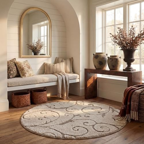 SAFAVIEH Florida Shag Collection Area Rug - 6'7 Round, Cream & Beige, Scroll Design, Non-Shedding & Easy to Clean, High-Low Plush Pile, Ideal for Living Room, Bedroom, Dining Space (SG455-1113)