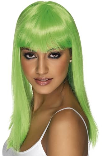 Smiffys Damen Lange und Glatte Perücke mit Pony, Glamourama Perücke, Neon Grün, One Size, 42159