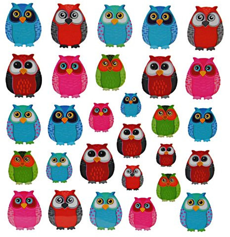 alles-meine.de GmbH 30 TLG. Set Sticker/Aufkleber - Eulen bunt auf AST Eule Baum Bunte Blätter Bäume blau Vögel Tiere/Eulensticker Eulenmotiv