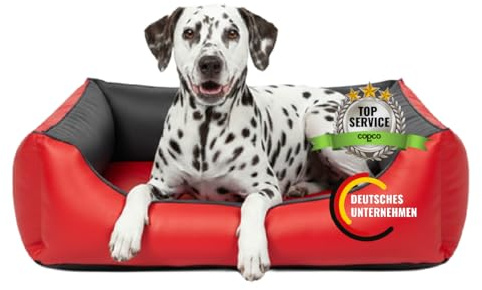 CopcoPet Hundebett mittelgroße Hunde – Waschbares Hundekissen 【Wendebett】 Hundekorb aus Kunstleder - Formstabiles Hundesofa - Hundekörbchen mit erhöhten Rand, Dog Bed Rot/Grau 90 x 70 cm