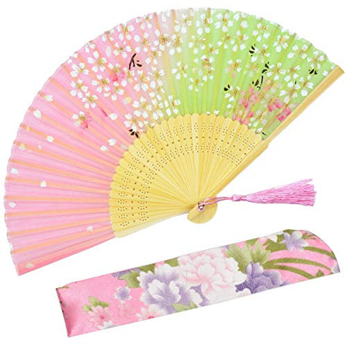 OMyTea Sakura Chinese/Japanese Women Hand Held Silk Folding Fans with Bamboo Frame - With a Fabric Sleeve for Protection (WZS-45)