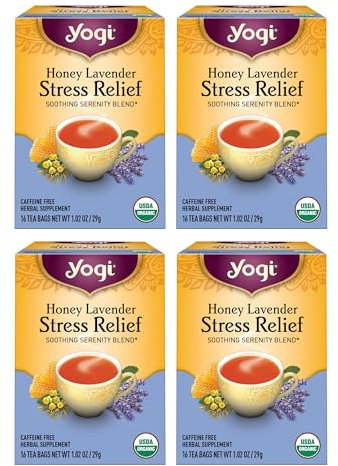 Yogi tea - Honey Lavender Stress Relief, Helps to Calm and Ease Tension (16 Tea Bags) (Pack of 4)
