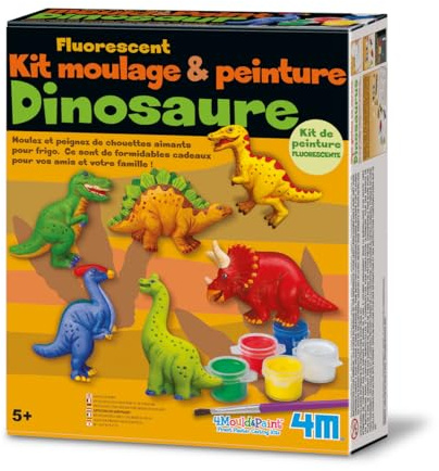 4M Crea Formen-Set, Dinosaurier, fluoreszierend, Verpackung F R A N C A I S, enthält Formen, Gips, Farbe, Bürste, Magnete, Stifte, Box 22 x 18 x 5,5 cm, 5+