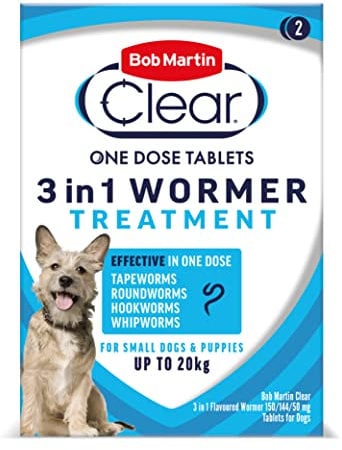 Bob Martin Clear 3-in-1 Wormer for Dogs (2 Tablets) - For Small Dogs and Puppies up to 20kg, Clinically Proven Treatment