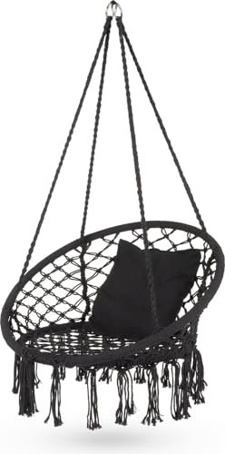 Outtec Hängesessel XXL zum Aufhängen Boho - bis 150kg Belastbar - für Draußen und Drinnen Geeignet – Hängeschaukel - Indoor & Outdoor - Hängekorb Camping - für Garten – Terrasse - Schwarz