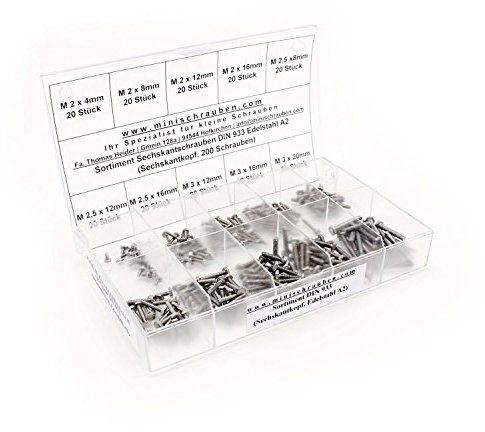 Sortimentskasten mit 200 Stück kleinen Sechskantschrauben nach DIN 933 aus Edelstahl A2 (M2, M2,5 und M3), Sechskantkopf. Minischrauben Sortiment inkl. beschrifteter Box