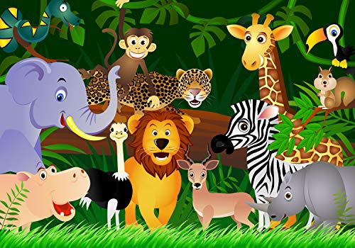 wandmotiv24 Fototapete Kinderzimmer, Dschungel, Tiere, S 200 x 140cm - 4 Teile, Wanddeko, Wandbild, Wandtapete, Löwe, Elefant, Dschungeltiere M0002