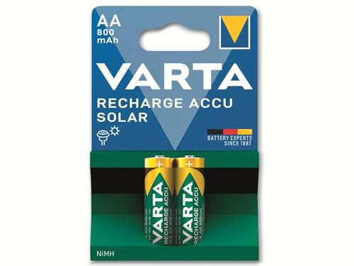 VARTA Piles rechargeables AA, lot de 2, Recharge Accu Solar, 800 mAh Ni-MH, prêtes à l'emploi, développées pour les lampes solaires de jardin