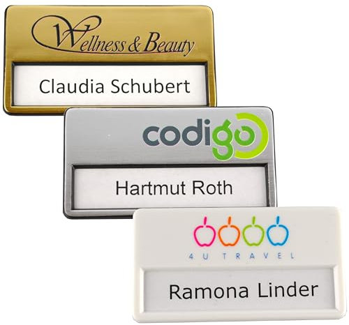 50 Stück Kunststoff Namensschilder mit Magnet, individuellem Logodruck, Farbdruck mit Ihrem Logo, Magnetbefestigung, Name Badge, Namensschild für Kleidung, selbstbeschriftbar (gold)