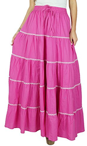 Bimba Gonna lunga da donna in cotone svasato Boho Maxi Bottoms elastico in vita abbigliamento indiano rosa, rosa, 46