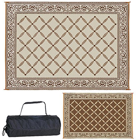 Stylish Camping 119127 Tapis de paille en plastique réversible de 2,7 x 3,7 m, grand tapis de sol pour extérieur, camping-car, terrasse, jardin, pique-nique, plage, camping (marron/beige)