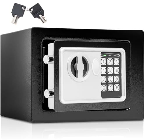 tectake® Coffre fort à serrure electronique, 17 x 23 x 17 cm, Coffre fort discret encastrable, Bijoux Documents, Passeport, Bureau, Chambre, Affichage LED, Signal sonore, Clés de secours