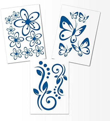 Hibiskus Schmetterling Blüten Ornament SET I - enzianblau - 30x21cm - Wall Sticker Wandtattoo Wandaufkleber - Dekoration, Küche, Wohnzimmer, Schlafzimmer, Badezimmer