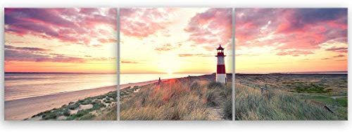 ge Bildet Bild auf Leinwand | Leuchtturm auf Sylt - strand natur Sonnenuntergang T in 120x40 cm mehrteilig als Panorama Wandbild XXL | Wand-deko Dekoration Wohnung modern Bilder | 2213