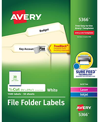 Avery Ordner-Etiketten für Laser- und Tintenstrahldrucker mit TrueBlock-Technologie, 3.4375 x 0.66 Zoll, Weiß, 1500 Stück (5366)