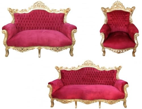 Casa Padrino Barock Wohnzimmer Set Master Bordoaux Rot/Gold - 3er Sofa+2er Sofa + 1 Sessel