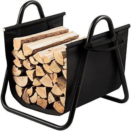 Amagabeli Soporte de leña para leña con lona Estante de leña interior Soporte de madera de metal negro Soportes de leña Canasta apilable de almacenamiento resistente con asas Estufa grande