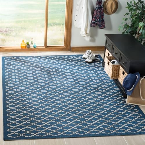 SAFAVIEH Washable Rug Outdoor Courtyard Collection - 5'3 x 7'7, Navy & Beige, Non-Shedding & Easy Cleaning, Ideal for Patio, Backyard, Mudroom (CY6919-268)