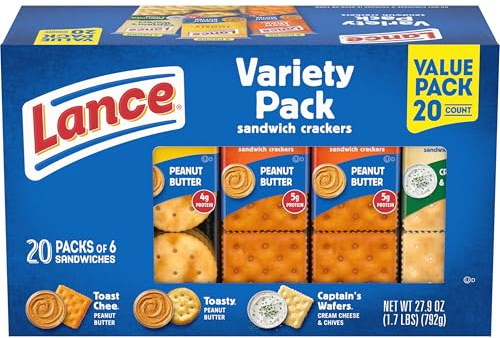 Lance Sandwich Crackers, Variety Pack, 3 Flavors, 20 Individually Wrapped Packs, 6 Sandwiches Each