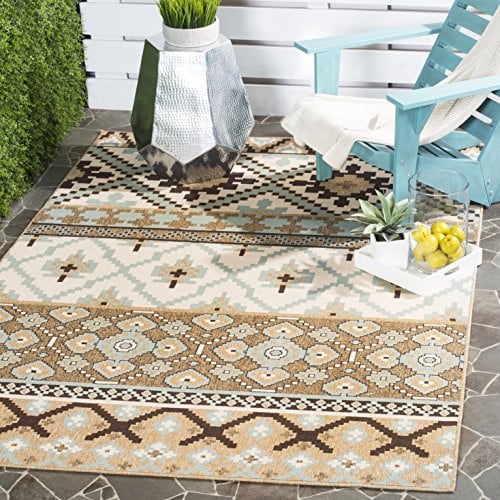 SAFAVIEH Washable Rug Outdoor Veranda Collection - 4' x 5'7, Cream & Brown, Non-Shedding & Easy to Clean, Ideal for Patio, Backyard, Mudroom (VER097-0215)