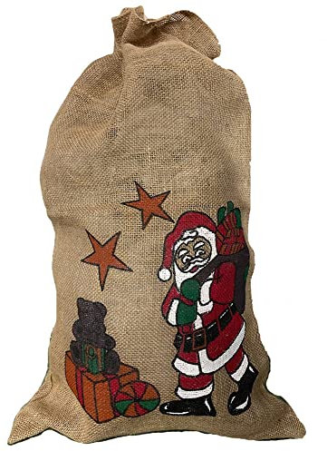 Riffelmacher 19411 - Jute-Sack mit Santa-Motiv, Größe 50 x 80 cm, verschließbar, Geschenk, Tasche, Beutel, Verpackung, Weihnachten, Nikolaus