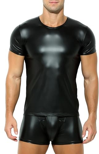 Herren Latex T-Shirt schwarz Leder Optik Männer Shirt Unterhemd Kurzarm Unterwäsche Stretch Hemd Tops Clubwear Guywear Gogo Swingerclub Freizeithemd Sommer Muskel Top Lack-Leder Vinyl Oberteil (S)