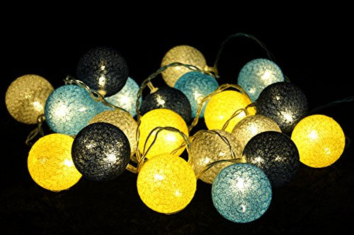 GURU SHOP Stoff Ball Lichterkette, 20`er LED Kugel Lampion Lichterkette - Grau/blau/gelb, 6x6x435 cm