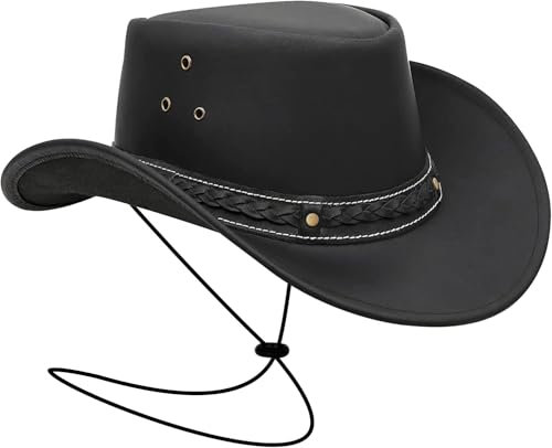 BRANDSLOCK Black Leather Cowboy Hat for Men Women Lightweight Handcrafted Shapeable Wide Brim Durable Western Cowgirl Outback Hat