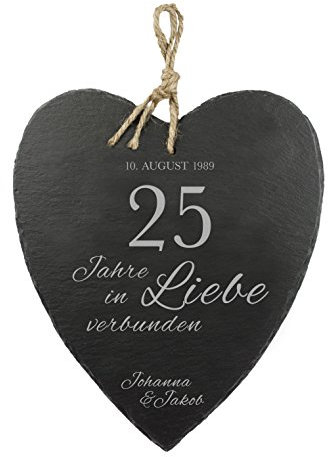 Großes Schieferherz mit schöner Gravur - Silberhochzeit - Personalisiert mit [Wunschnamen] und [Datum] [Motiv 25 Jahre IN Liebe VERBUNDEN] - 23 cm x 27 cm x 0,6 mm - mit Jute Band zum Aufhängen
