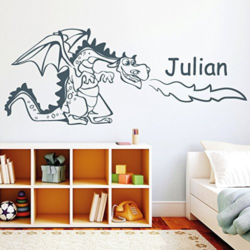 Wandtattoo-Loft „Drache mit Wunschname“ - Wandtattoo / 54 Farben / 3 Größen/brillantblau / 55 cm (hoch) x 138 cm (breit)