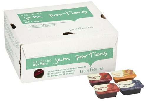 Lichfield 100 porciones de mermelada contienen 4 variantes, 25 fresas, 25 frambuesas, 25 grosellas negras, 25 albaricoque, 2 x 20 g cada una