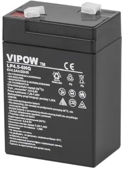HQ Vipow 6V 4.5Ah batterie de gel Dimensions: Longueur: 70 mm Largeur: 48 mm Hauteur: 100 mm Hauteur hors tout (avec bornes): 106mm Poids: 0,80 kg