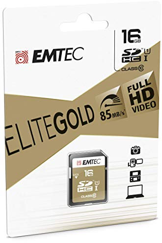 EMTEC, ECMSD16GHC10GP, Carte SD 16 Go Classe 10 UHS-I U1 avec adaptateur, vitesse de lecture jusqu'à 90MB/s, idéale pour appareils photo et caméscopes, taille 16 Go, Couleur or