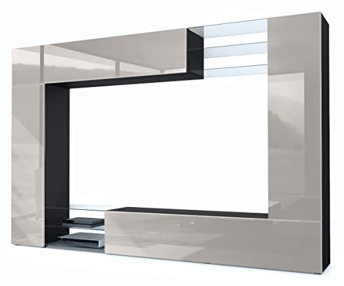 Vladon Wohnwand Mirage, Made in Germany, Anbauwand mit Rückwand mit 2 Türen, 2 Klappen und 6 offenen Glasablagen, Schwarz matt/Sandgrau Hochglanz (262 x 183 x 39 cm)