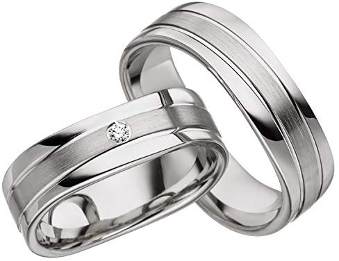 JC Trauringe 925er Sterling Silber Paar-Preis I Ehe-Ringe mit kostenloser Gravur I Verlobungsringe geschwungen 6 mm breit mit Etui-Box I Herren-Ring ohne & Damen-Ring mit Stein I Gr. 48 bis 72 I A21