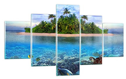 Moderne Impression sur Verre Plage lagune eau océan Image Tableau en Verre Decoration Murale 125x70cm Deco Cadre Salon Chambre Triptyque 5 parties Petit Tableaux Decoratifs Muraux Art GEA125x70-2686