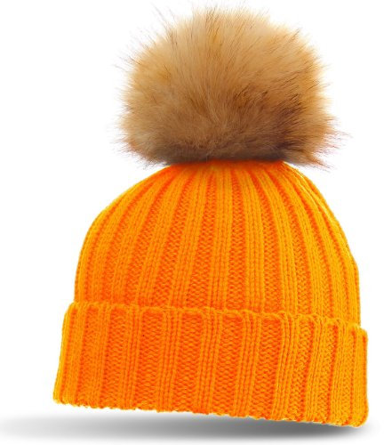Caspar Damen klassische Winter Mütze/Strickmütze mit großem Fellbommel - viele Farben, Farbe:neon orange