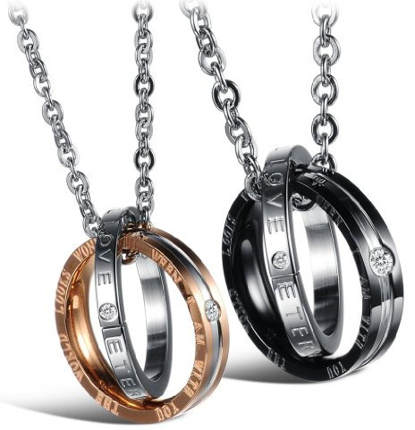 bigsoho Modeschmuck Freundschaftsketten Halsketten Strass Steine Gravur Ring Anhänger Partnerketten für Damen und Herren, Farbe: Rosegeld & Schwarz