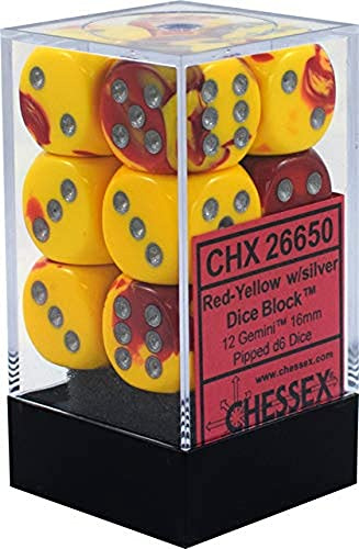 Chessex Gemini 16mm d6 with pips Dice Blocks (12 Dice) - Red-Yellow w/Silver