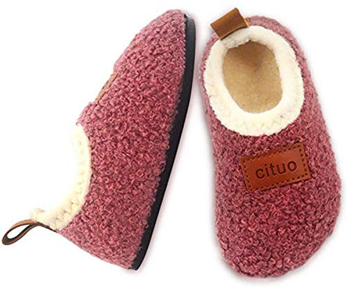 Dream Bridge Kinder Sherpa Vlies Hausschuhe für Jungen Mädchen mit Anti-Rutsch Sohle, Dunkelpink, 26/26.5 EU